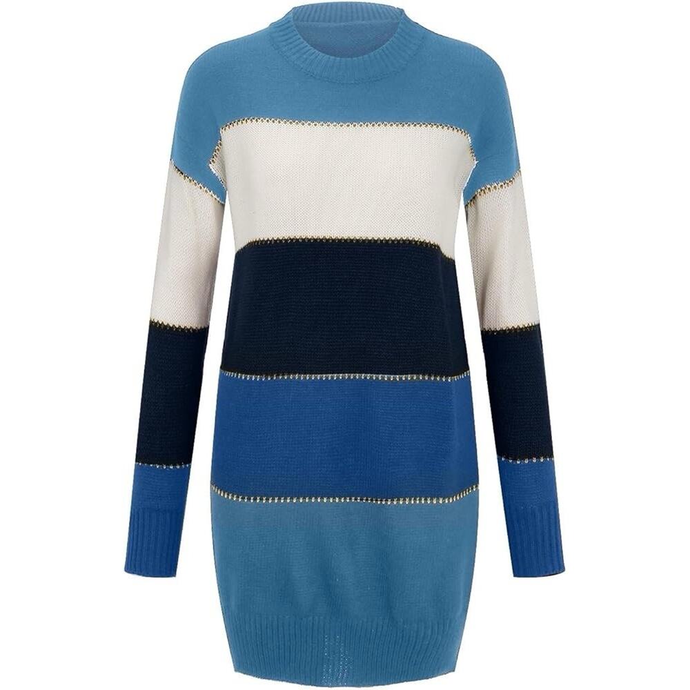 Blue Color block Long Sleeve Sweater Bodycon Crewneck‎ Knit Dress Size Small